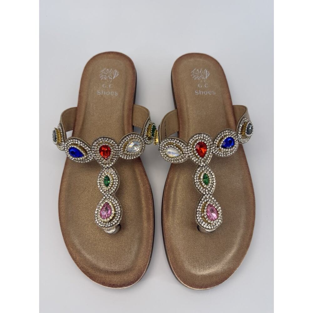 NEW GC Shoe Gold Jeweled Rhinestone Crystal T-Strap Sandal Thong Slip-On 9.5 - Picture 1 of 10